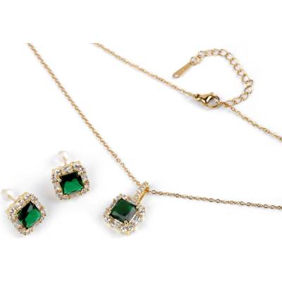 Sada náhrdelník a náušnice z nerezové oceli s broušenými kamínky emerald 1 sada