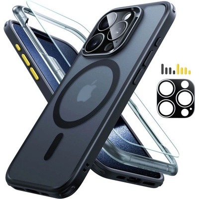 ESR Halolock Classic Pro MagSafe Hybrid Protection Set - хибриден удароустойчив кейс с MagSafe и стъклено защитно покритие за дисплея на iPhone 15 Pro Max (черен-прозрачен)