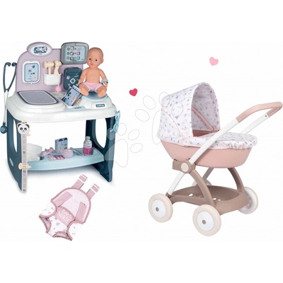 Smoby Set zdravotnícky pult pre lekára Baby Care Center s hlbokým kočíkom Baby Nurse a klokankou