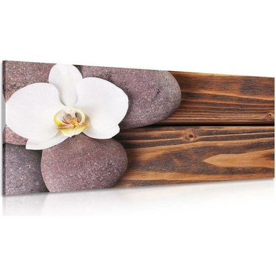 Obraz wellnes kameny a orchidej na dřevěném pozadí - 120x60
