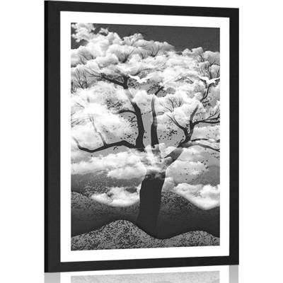 Plakát s paspartou černobílý strom zalitý oblaky - 60x90 no frame