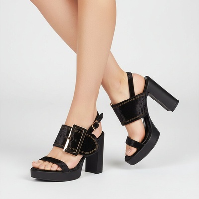 Черни велурени сандали с ток и платформа