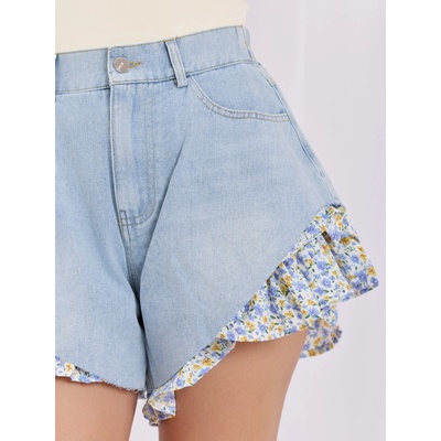 Factory dámske rifľové šortky s volánovým lemom v boho štýle modrá