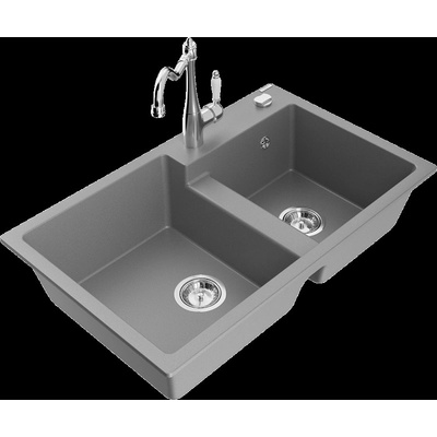 Tomas гранитна кухненска мивка с две корита и смесител Carla, сива (6516-71-670700-00)