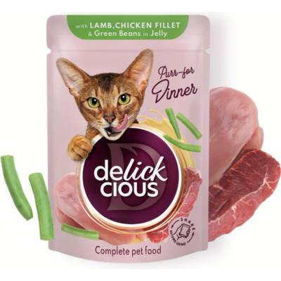 DELICKCIOUS Plátky s jahňacím mäsom kuracím filé a fazuľkou v želé 85 g