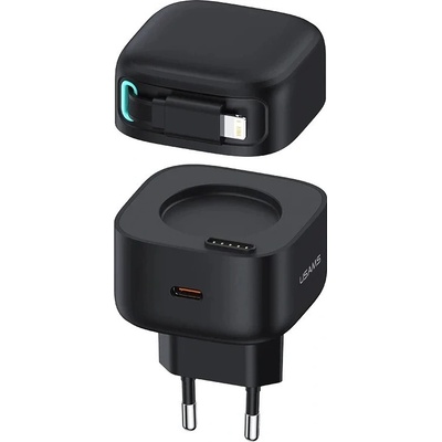 USAMS GaN Wall Charger With Magnetic Retractable Lightning Cable 35W - захранване за ел. мрежа с USB-C изход и вграден Lightning кабел (черен)