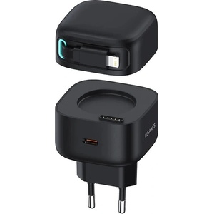 USAMS GaN Wall Charger With Magnetic Retractable Lightning Cable 35W - захранване за ел. мрежа с USB-C изход и вграден Lightning кабел (черен)
