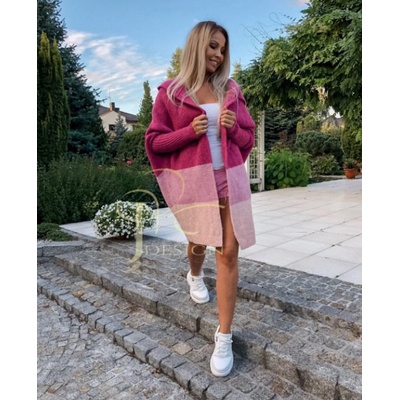 Fashionweek Pletený pruhovaný svetr kabát kabát s kapucí LINDA fuchsie