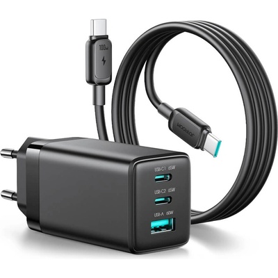 JOYROOM Захранване за ел. мрежа за лаптопи, смартфони и таблети с 2xUSB-C и 1xUSB-A изходи с технология за бързо зареждане и USB-C към USB-C кабел - Joyroom JR-TG10 GaN Fast Wall Charger 65W (черен) (JR-TG10 black)