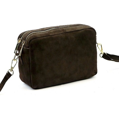 Tmavě hnědá dvouzipová crossbody kabelka z broušené kůže