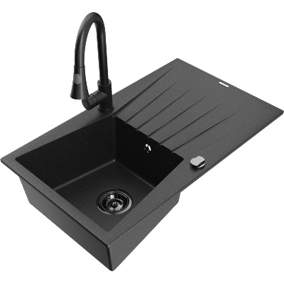 Mexen Cesar гранитна мивка с 1 отделение, отцедник и кухненски смесител Elia, черно/сребърен металик - 6514-73-670101-70-B (6514-73-670101-70-B)