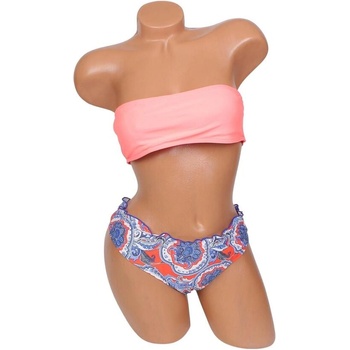 Дамски бански в коралово и синьо с орнаменти