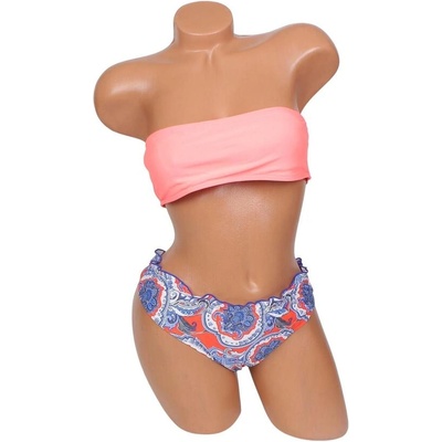 Дамски бански в коралово и синьо с орнаменти