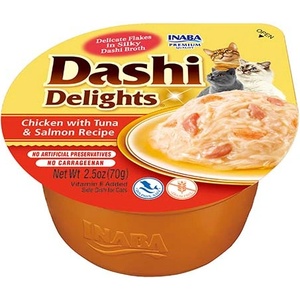 Inaba Foods DASHI допълнителна храна за котки - бульон с вкус на пиле, риба тон и сьомга, 70 г