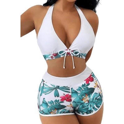 Дамски бански с боксер в бяло с цветя и листа