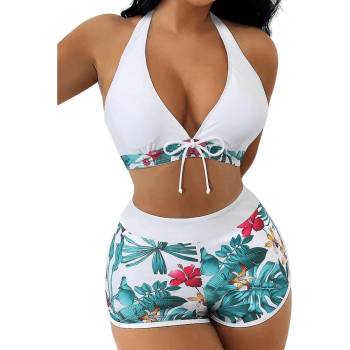 Дамски бански с боксер в бяло с цветя и листа