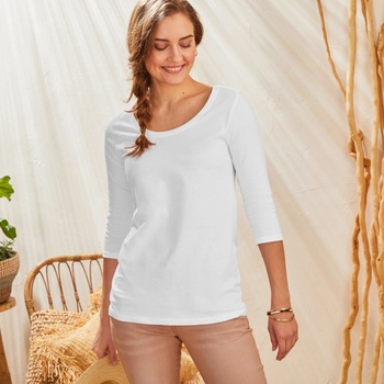 Jednofarebné tričko s 3/4 rukávmi a okrúhlym výstrihom biela