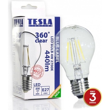 Tesla LED žárovka CRYSTAL RETRO BULB E27 4W 230V 440lm 2700K Teplá bílá 360°,čirá