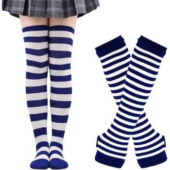 Image 1 of Комплект дълги раирани чорапи и ръкавици в бяло и синьо