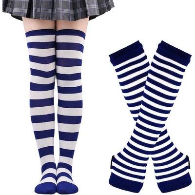 Комплект дълги раирани чорапи и ръкавици в бяло и синьо