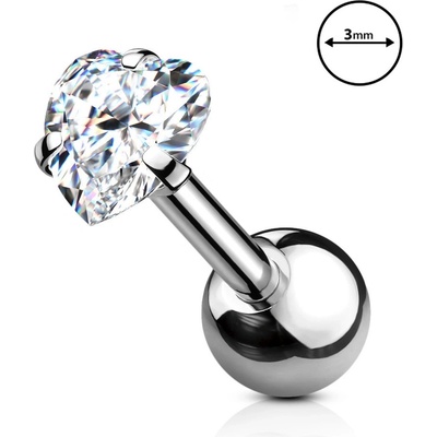 Šperky eshop piercing z oceli do tragu čirý srdíčkovitý zirkon délka W29.30