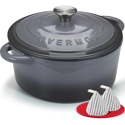 Overmont roasting pan enamel cast iron pot - casserole dish 28cm oven-safe - with lid and cookbook - for kitchen baking stewing roasting grey - Enamelled
