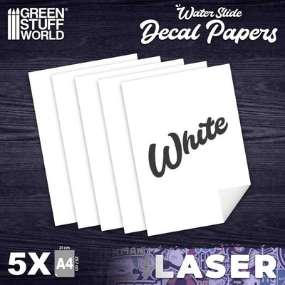 Green Stuff World LASER Waterslide Decal A4-WHITE pack x5 / LASER vodolepka A4-BIELA balenie x5