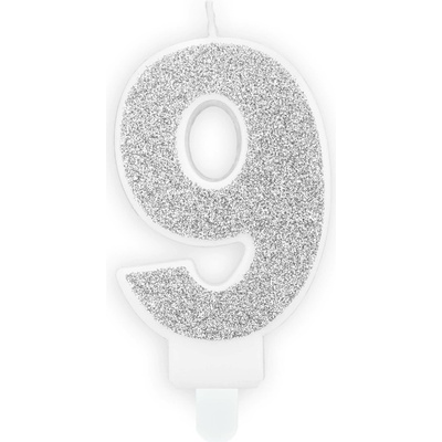 Narozeninová svíčka třpytivě stříbrná "číslo 9", 7 cm