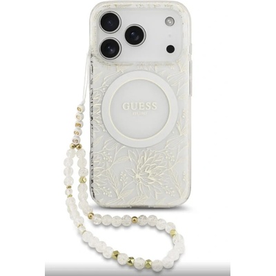Guess IML Flowers Allover Strap MagSafe Zadní Kryt pro iPhone 17 Pro White – Sleviste.cz