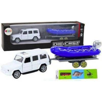 Lean Toys Terénní vůz s přívěsem a motorovým člunem bílo-modrý