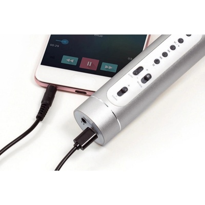 Mikrofón karaoke Bluetooth strieborný na batérie s USB káblom