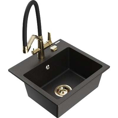 Mexen Milo гранитна мивка с една камера и кухня батерия Duo, черен/златист металик - 6505-75-671701-57-G (6505-75-671701-57-G)