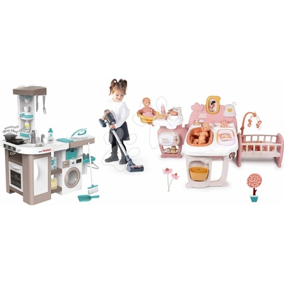 Smoby Set domček pre bábiku trojkrídlový a kuchynka elektronická Large Doll´s Play Center Soft Baby Nurse s práčkou a tyčový vysávač so zvukom