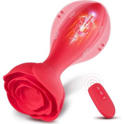 SuperLove Inflatable Rose Vibrating Butt Plug with Remote Red