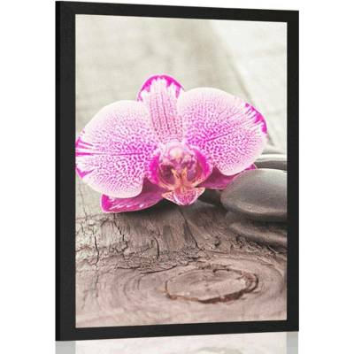 Plakát s paspartou orchidej a Zen kameny na dřevěném podkladu - 30x45 silver