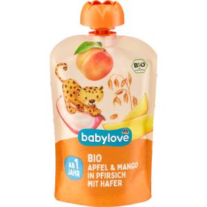 babylove Пюре от праскова, ябълка, манго и банан с овесени ядки, 1+г, 100 g (1500480)