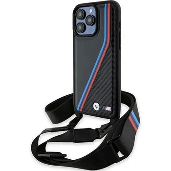 BMW Кейс BMW M Edition Carbon Tricolor Lines & Strap за iPhone 15 Pro, черен (BMW000795-0)