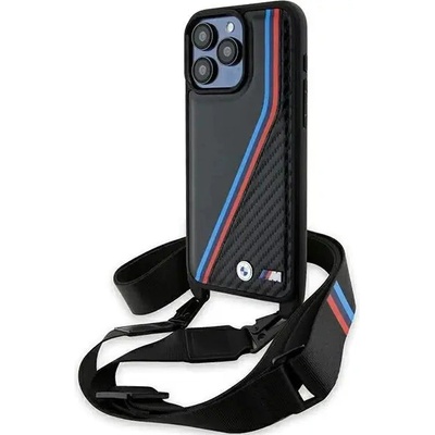 BMW Кейс BMW M Edition Carbon Tricolor Lines & Strap за iPhone 15 Pro, черен (BMW000795-0)