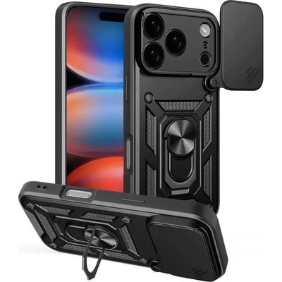 HQWear Калъф Hybrid Armor Camshield за iPhone 17 Pro Max със стойка и капак за камера - черен (5907769379406)