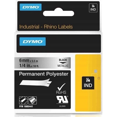 DYMO permanentní polyesterová páska RHINO D1 6 mm x 5,5 m, černá na metalické, 1805441