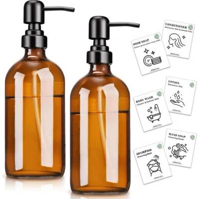 Euqvunn Dávkovač mýdla z jantarového skla, 500ml plnitelná skleněná lahvička s pumpičkou, 2 ks