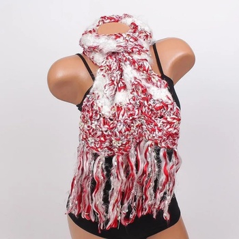 Image 1 of Коледен плетен шал в бяло и червено с ресни