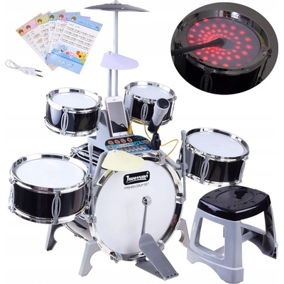 JOKO Detské bicie so stoličkou mikrofónom Svetlom a Zvukovými Efektami Hudobný panel MP3 kábel čierne