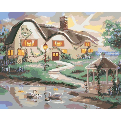 ZUTY Maľovanie podľa čísel LABUTE NA JAZERE A DOM S ALTÁNOM D RUSTY RUST Rámovanie bez rámu a bez vypnutia plátna Rozmer 80 x 100 cm