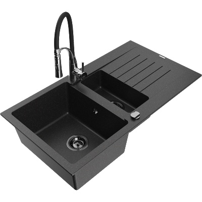 Mexen Matias гранитна мивка 1, 5 камери с отцедник и кухненски смесител Aster, черен/сребърен - 6502-73-73450-07-B (6502-73-73450-07-B)