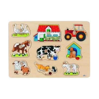 Goki - Детски дървен пъзел с дръжки - Ферма (57908)