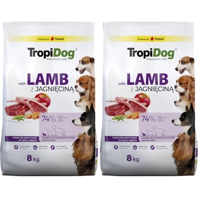Tropidog Premium Adult Small Breeds s jahňacím mäsom a ryžou 2 x 8 kg