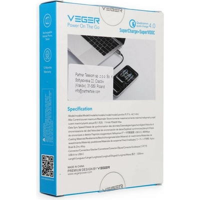 Veger AC1-XHJ s LED displejem USB-A na Type-C Veger PD 3A 66W 1,2m černý