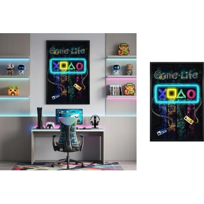 Pop art obraz na stenu pre hráčov s nápisom GAME LIFE – LED dekorácia – 63 × 93 cm