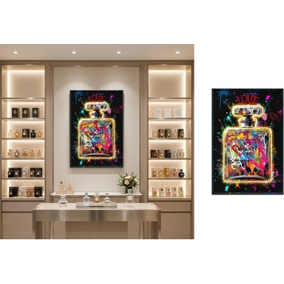 Pop art LED obraz parfému v street art dizajne – dekorácia na stenu – 63 × 93 cm